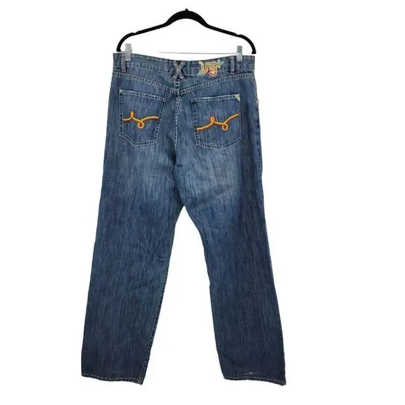 Vintage‎ High Waisted Sea Bead Embroidered Jeans 36 Blue Denim Rainbow Pockets